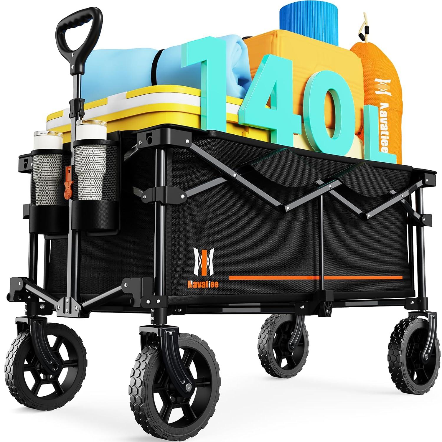 140L Collapsible Wagon Cart Foldable, Folding Utility Grocery Cart with Side Pocket and Brakes for Shopping, Sports, Camping and Garden, Black