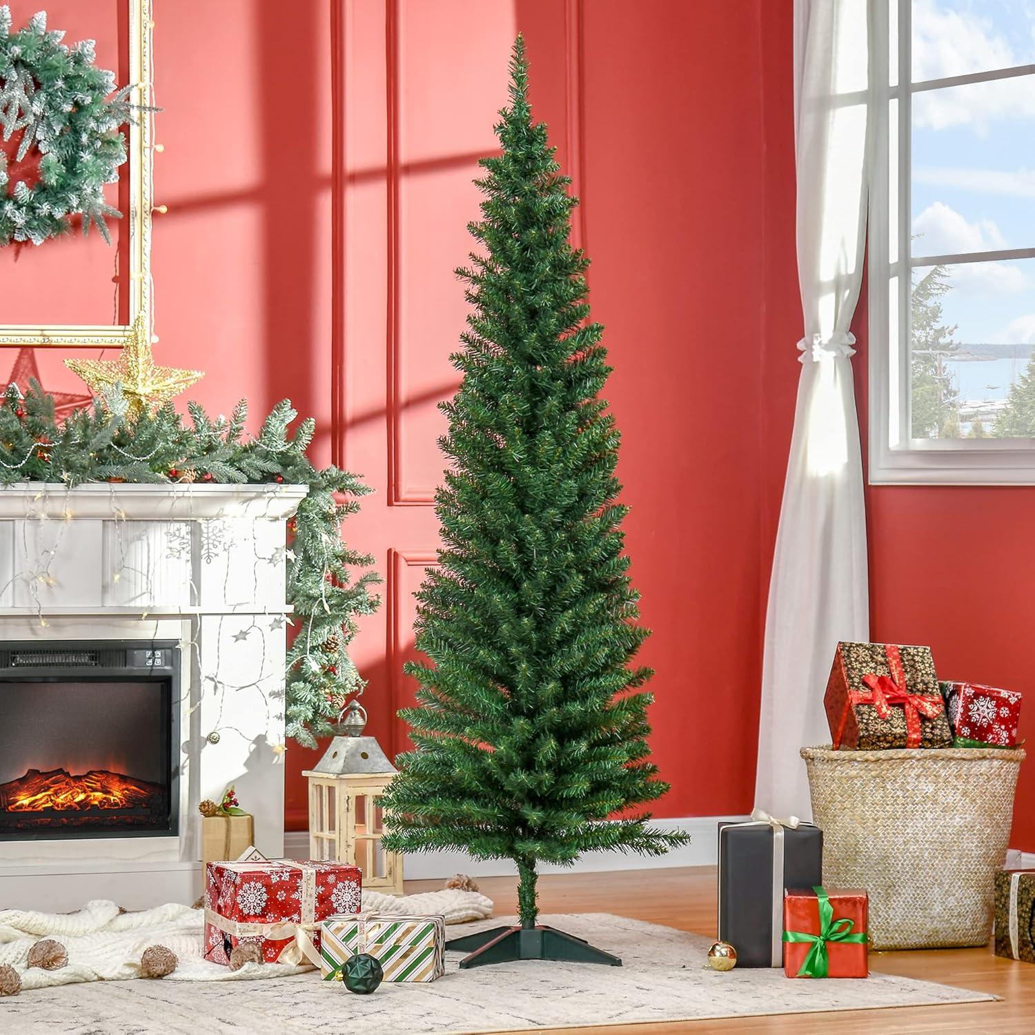 HOMCOM 6 FT Tall Unlit Slim Fir Artificial Christmas Tree with Realistic Branches, and 583 Tips, Green