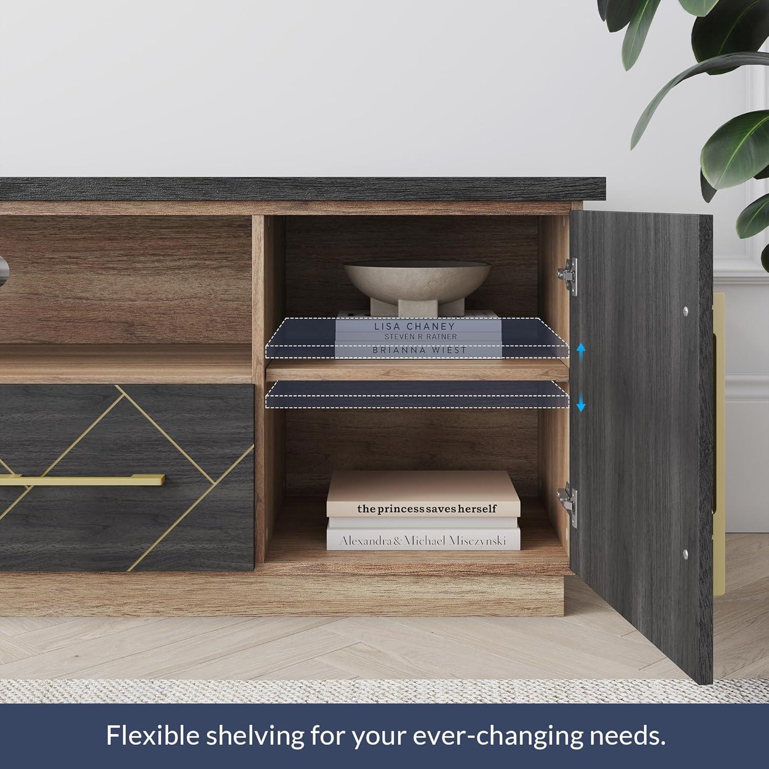 BELLEZE 70 Inch Modern TV Stand with Gold Trim, Elegant Entertainment Center with Storage, Media Console Table with Drawers & Open Shelves for Living Room, Bedroom, Home Theater (Espresso Black)