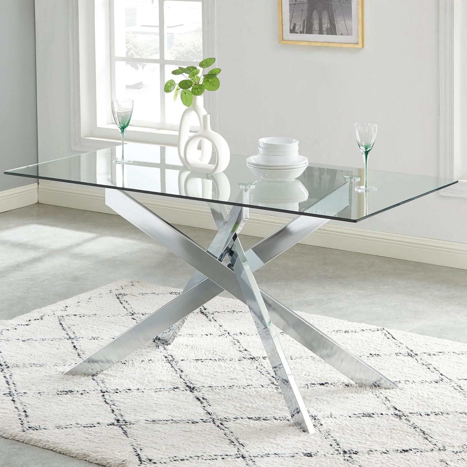 Silver Glass Rectangle Dining Table with Chrome Cross Legs