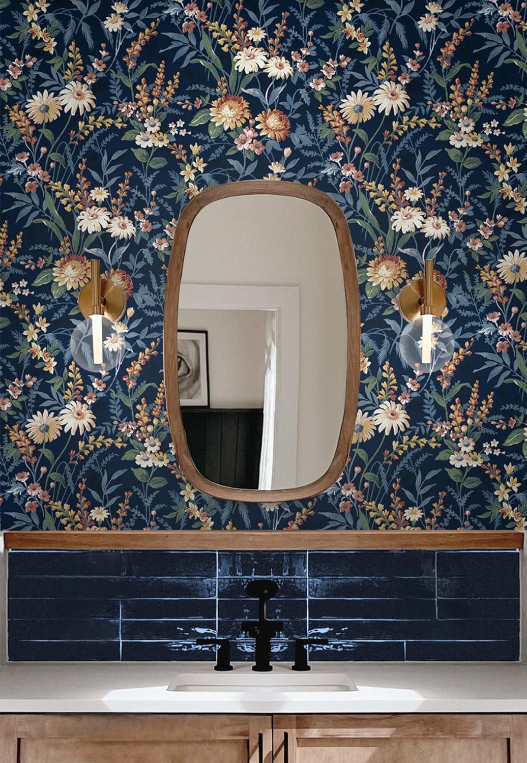 NextWall  Vintage Floral Peel and Stick Wallpaper 20.5 in. W x 18 ft. L - Navy Blue