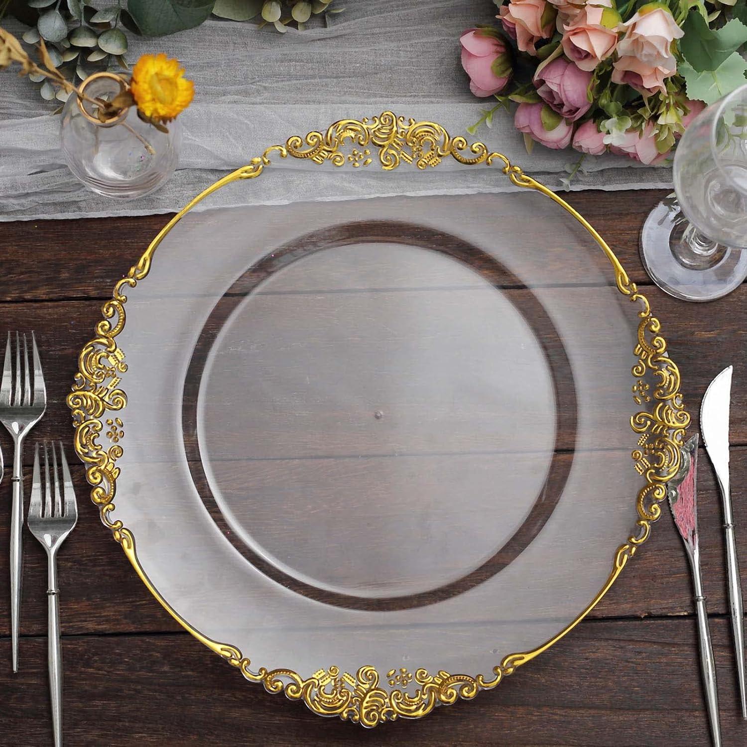 Efavormart 6 Pack Clear Gold 13" Round Baroque Charger Plates Leaf Embossed Rim for Tabletop Decor Catering Event Decoration