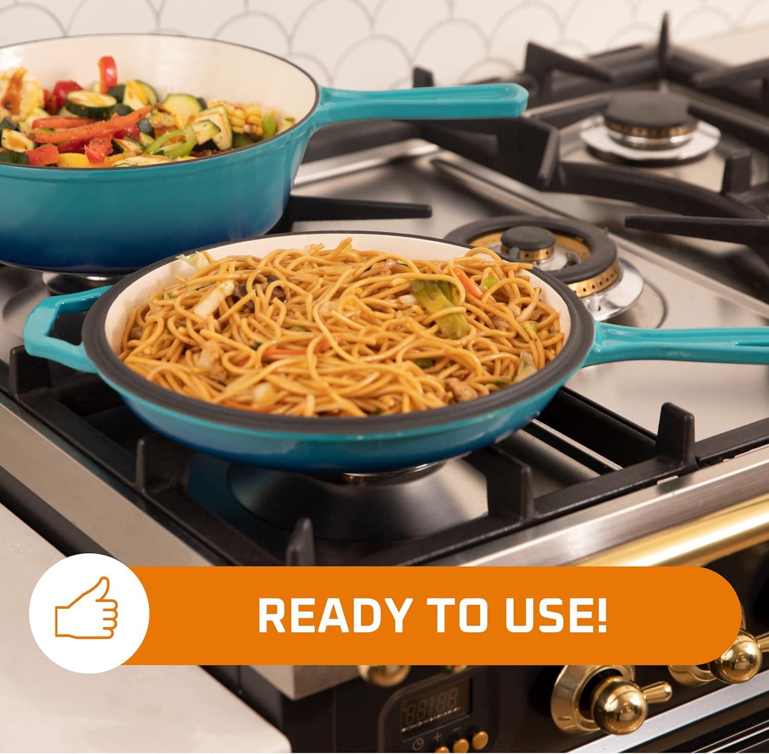 Bruntmor 2-in-1 Blue Pre-seasoned Cast Iron Dutch Oven and Skillet Set, 3 Quarts, Oven and Dishwasher Safe