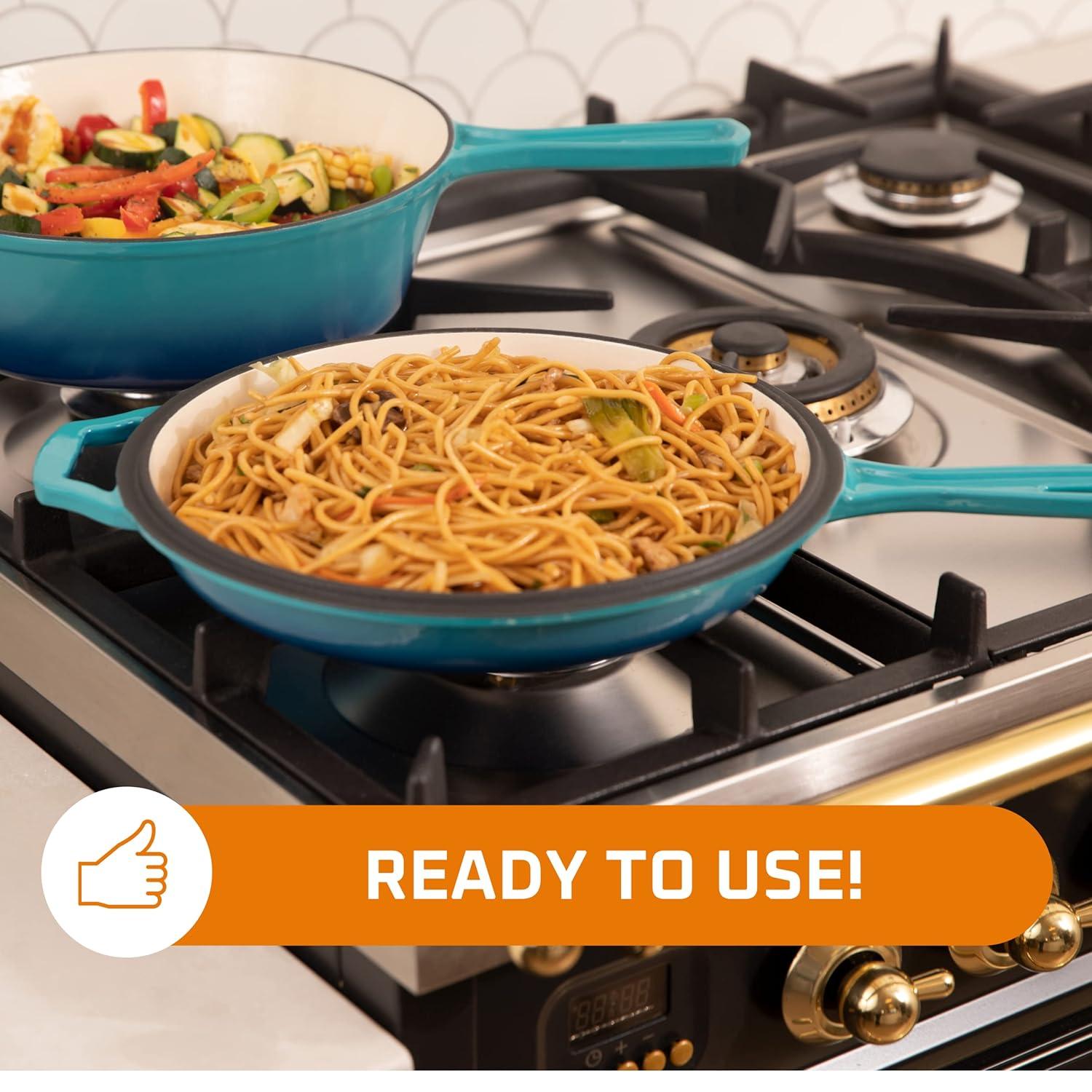 Bruntmor 2-in-1 Blue Pre-seasoned Cast Iron Dutch Oven and Skillet Set, 3 Quarts, Oven and Dishwasher Safe