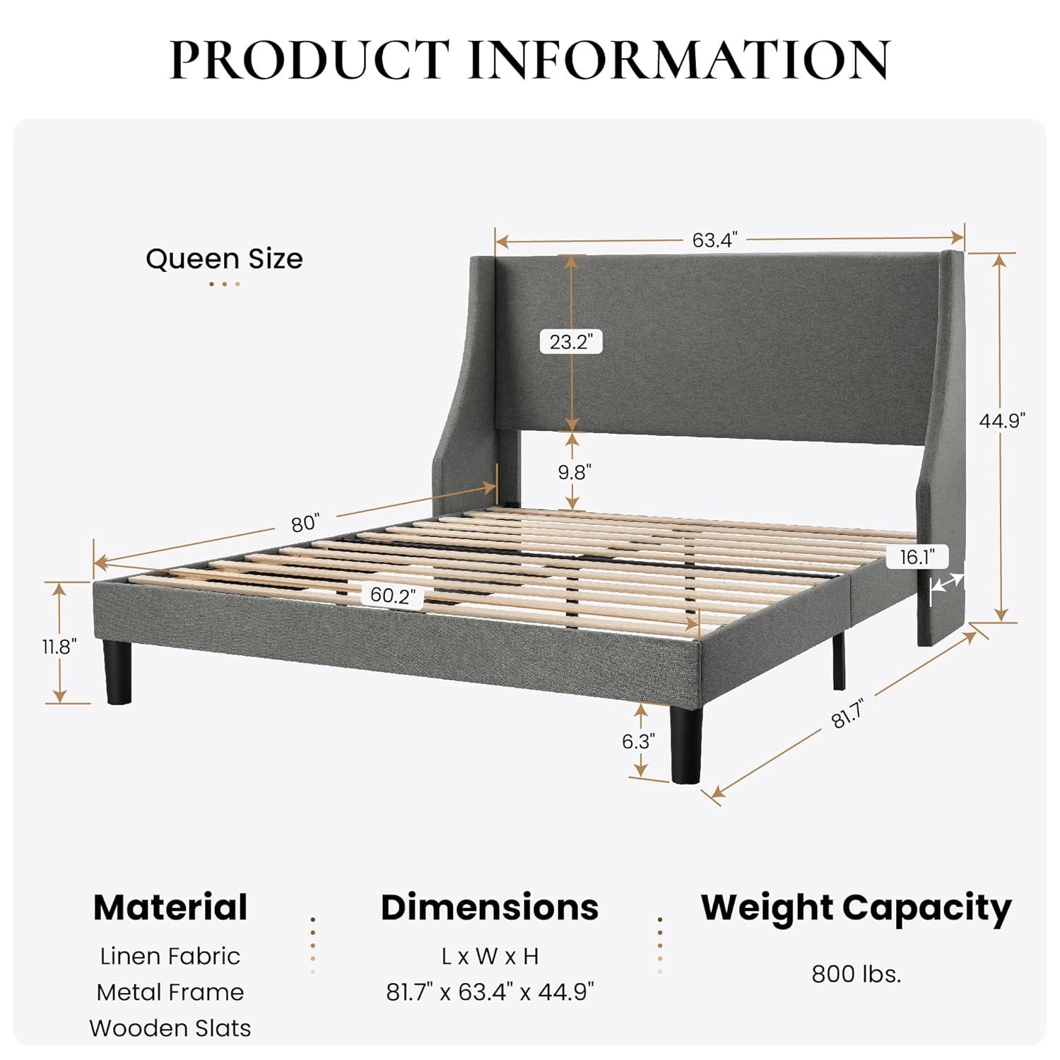 SHA CERLIN Platform Bed Frame Queen Size with Upholstered Headboard – Sleek Wingback Design, Reinforced Wood Slat Support, Light Grey