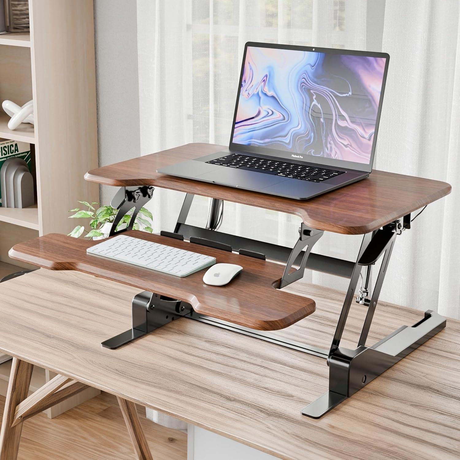 Mount-It! Compact Standing Desk Converter with 30" Desktop, Dark Walnut Woodgrain