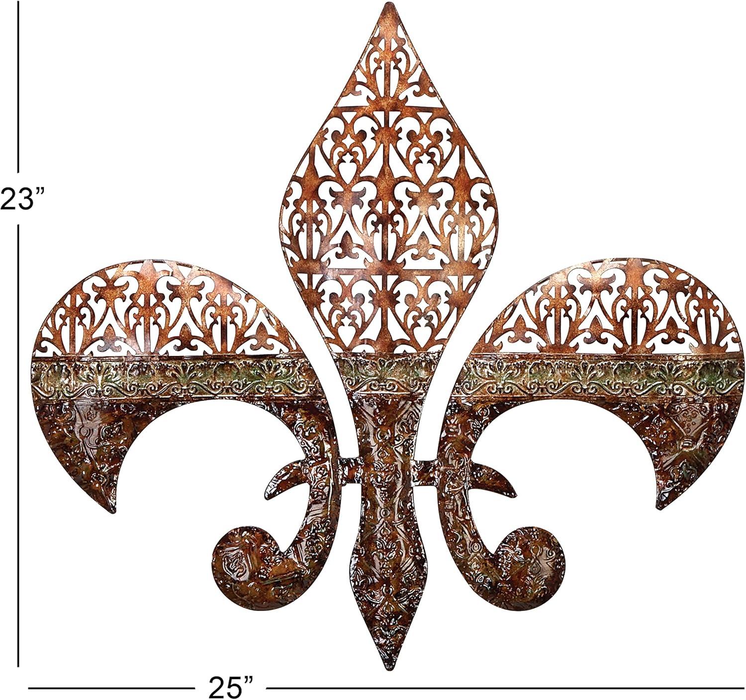 DecMode Brown Wood Arabesque Scroll Wall Decor with Metal Fleur De Lis Relief