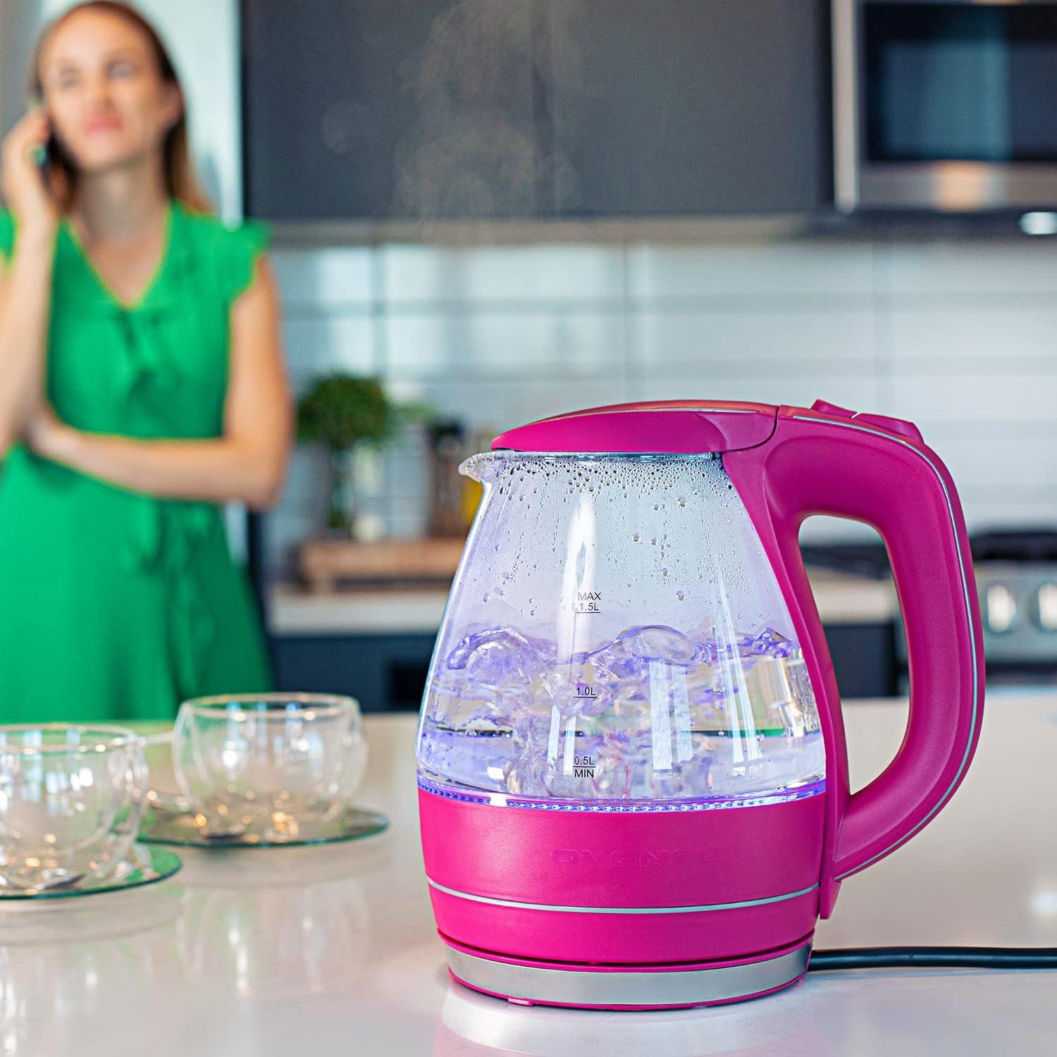 OVENTE Glass Electric Kettle Hot Water Boiler 1.5 Liter Borosilicate Glass Fast Boiling Countertop Heater - BPA Free Auto Shut Off Instant Water Heater Kettle for Coffee & Tea Maker - Pink KG83F