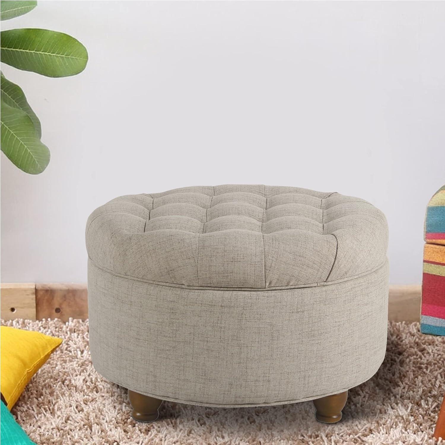 Benzara Otomana de Madera Tapizada en Tela con Almacenamiento con Tapa Elevable Capitoné, Beige-Color:Beige