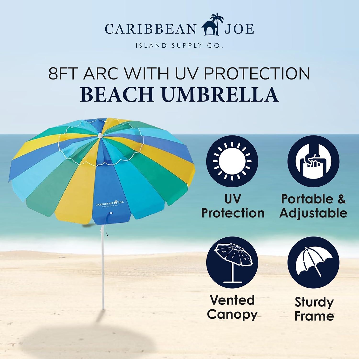 Caribbean Joe 8ft Beach Umbrella with UV Protection, Vented Canopy