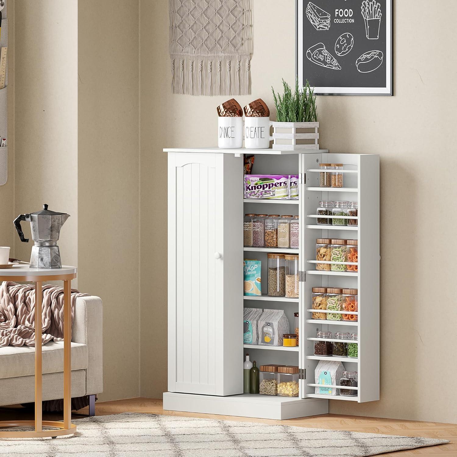 Latitude Run® HOMCOM 41" Modern Kitchen Pantry Freestanding Storage Cabinet With Double Doors Adjustable Shelves For Living Room - White