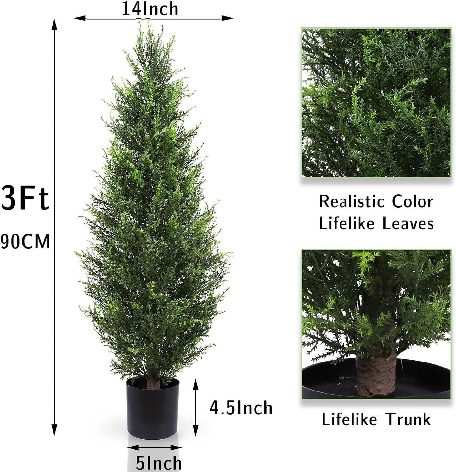 2 Pack 3ft Artificial Cedar Topiary Trees for Outdoors, Fake Cypress Plants with Solar Light String, Faux uv resistant Plants for Home Front Porch Decor, Housewarming Gift