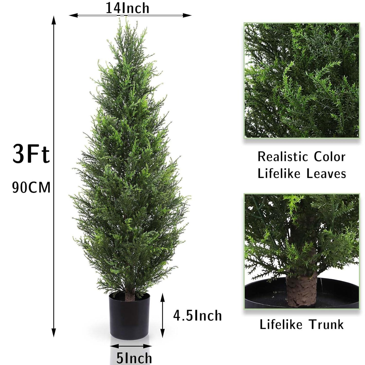 2 Pack 3ft Artificial Cedar Topiary Trees for Outdoors, Fake Cypress Plants with Solar Light String, Faux uv resistant Plants for Home Front Porch Decor, Housewarming Gift