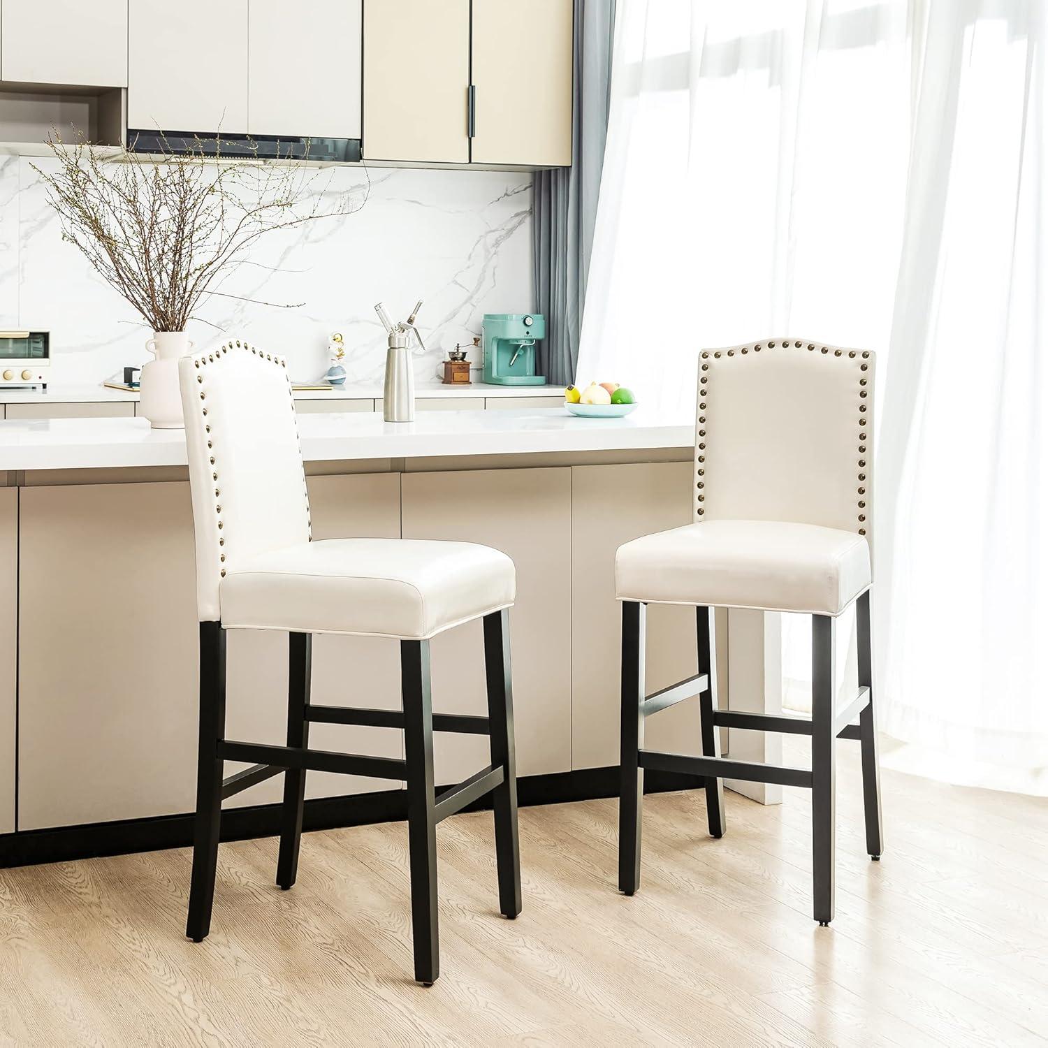 Set of 2 Leatherette PU Barstools with Studded Decor Off White - Glitzhome: Rubberwood Frame, Footrest, Modern Style