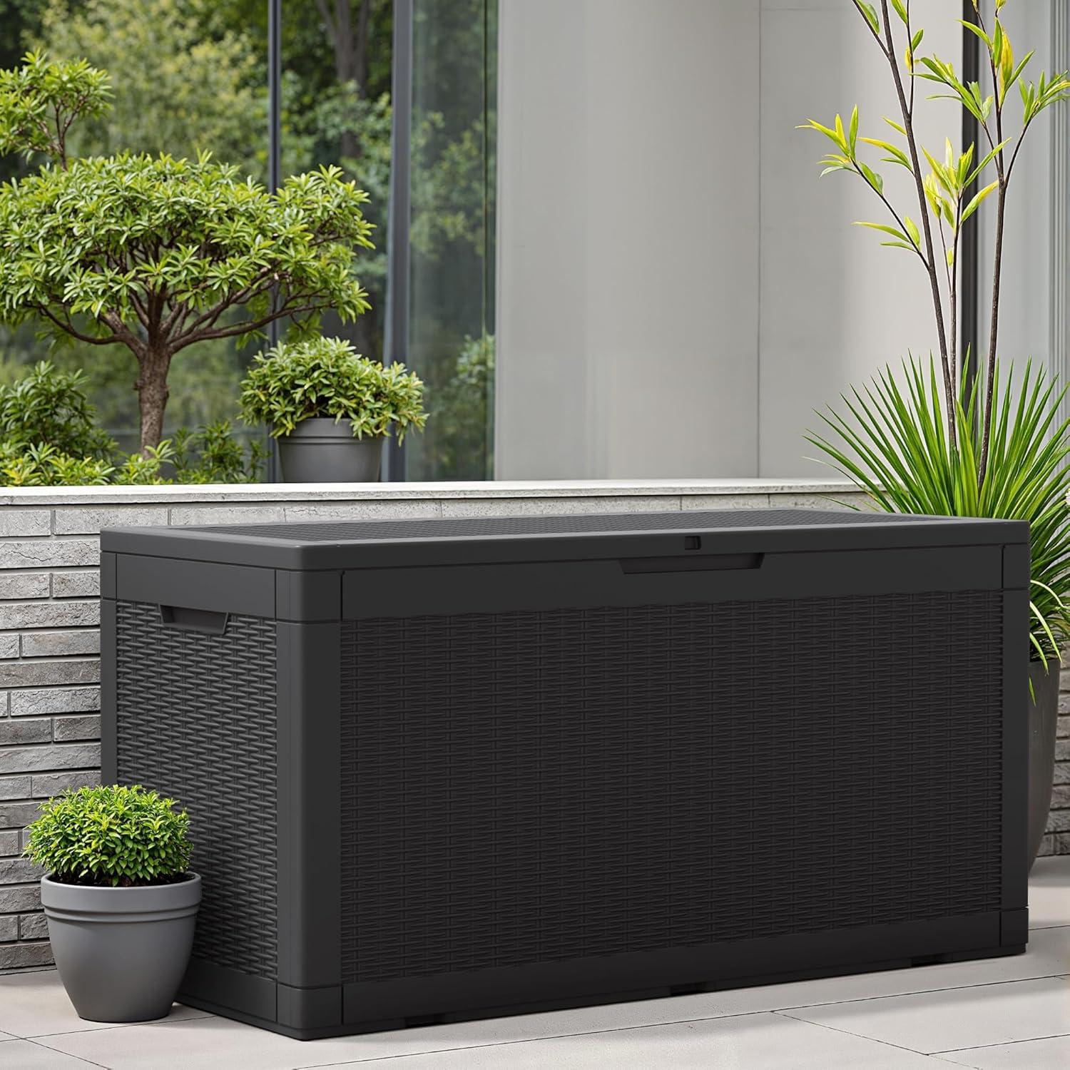 GEMBIK 100 Gallon Resin Deck Box, Large Outdoor Storage Bench with Cushions, Black