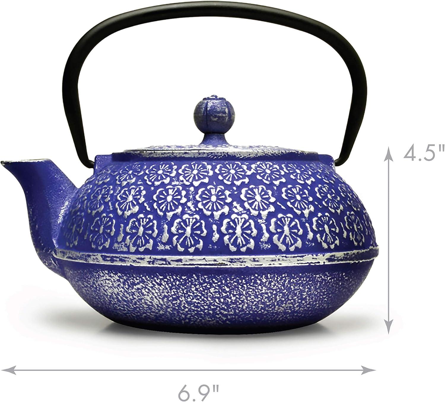 Bungalow Rose Japanese Cast Iron Teapot With Infuser For Loose Leaf And Tea Bags, Kettle Includes Handle And Removable Lid (Blue, 34Oz)