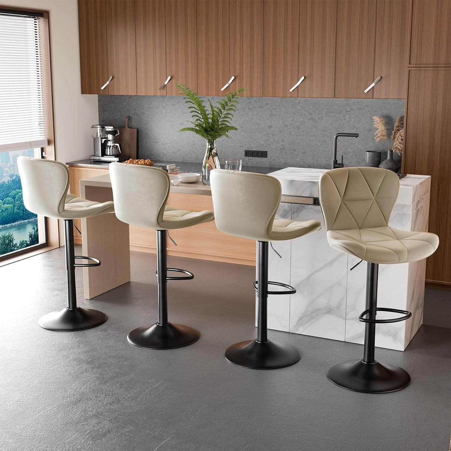 Modern Bar Stool Set of 2, Adjustable Faux Leather Upholstered Swivel Counter Stools, Counter Barstools with Back for Kitchen Island, Khaki