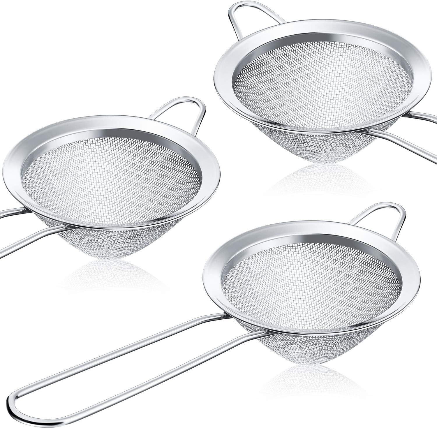 Silver Stainless Steel Fine Mesh Tea and Cocktail Strainers, 3.3 Inches, Set of 3