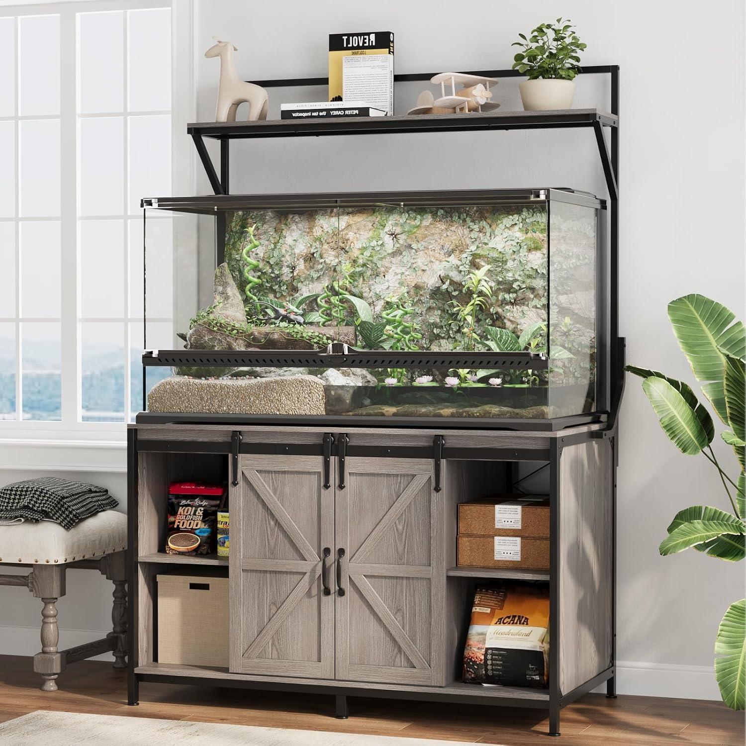 Gracie Oaks Siems Heavy Duty Aquarium Stand with Storage Cabinet, Farmhouse Reptile Tank Stand with Power Outlet, 48" X 24" Tabletop Fits up to 120 Gallon Bearded Dragon Tank, Fish Tank Turtle Terrarium Stand