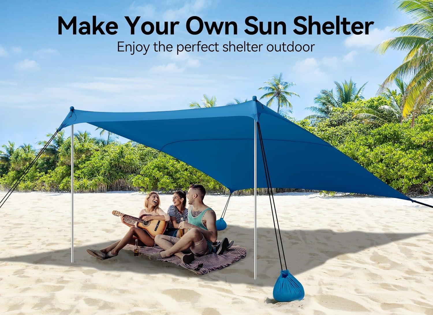 Beach Tent, Camping Sun Shelter 10 X 10ft, With 4 Sandbags, UPF50 , Includes Sand Shovel, Ground Pegs & Stability Poles, Pop Up Beach Canopy Sunshade For Fishing, Backyard Fun Or Picnics