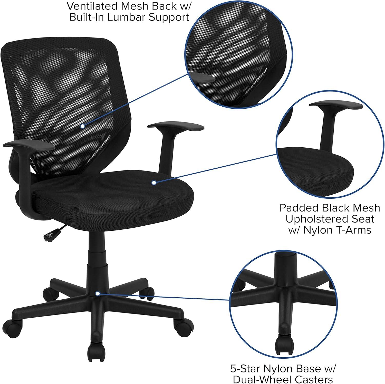 Ergonomic Mesh Mid-Back Swivel Task and Office Chair with T-Arms, Black