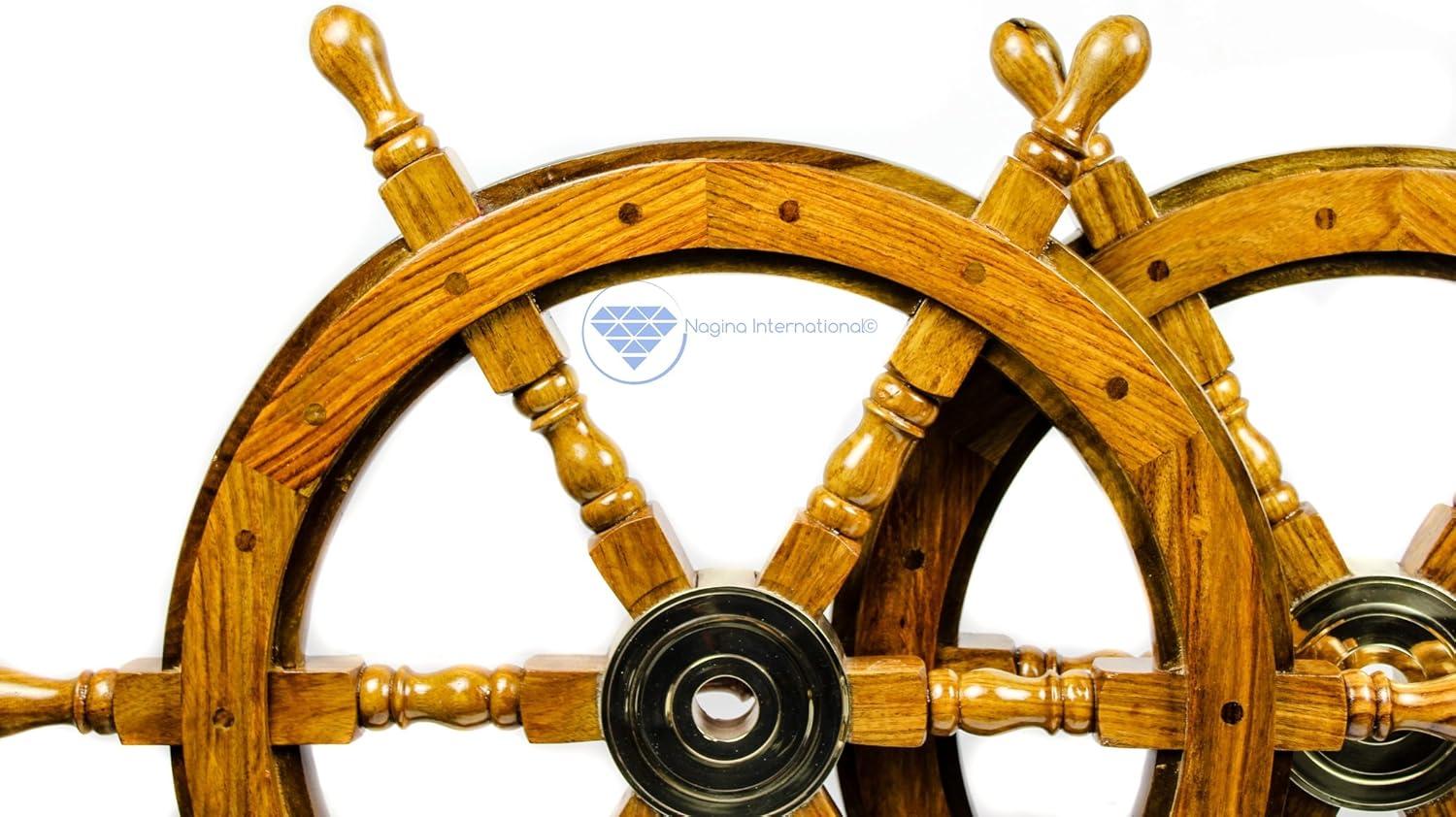 24" Dark Rosewood and Brass Nautical Ship Wheel Decor