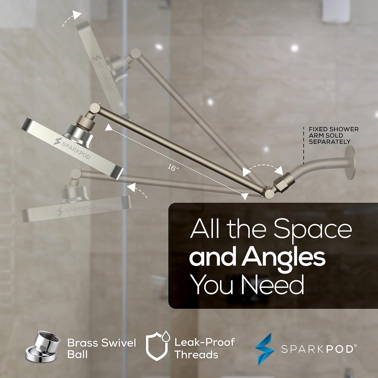 SparkPod Square Rain Shower Head with Shower Head Extension Arm - High Pressure Rain - Luxury Modern Look - No Hassle Tool-less 1-Min Installation (16" Shower Arm Extension, Elegant Brushed Nickel)