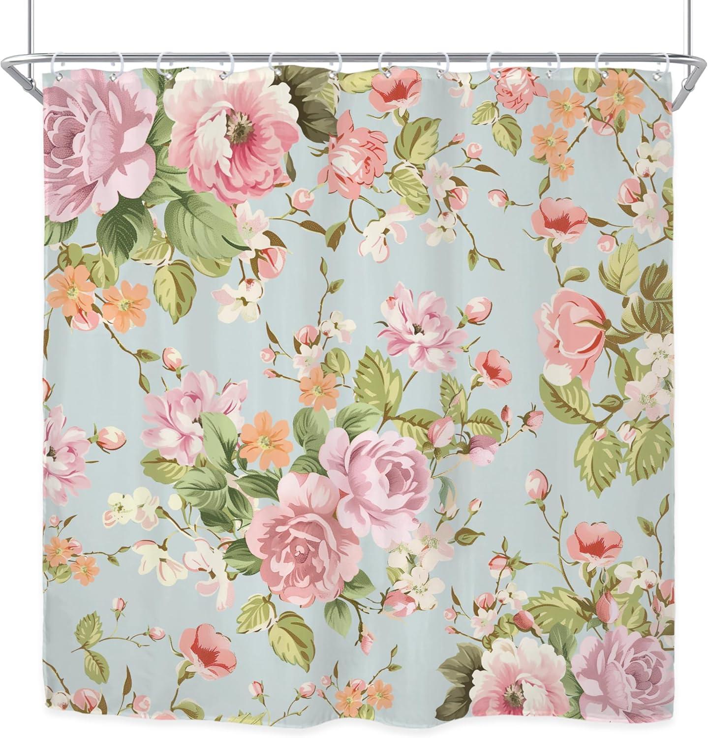 Fabric Pink Flower Shower Curtain for Bathroom 72Wx72H Inch Rose Floral Blooming Green Leaves for Girl Women Bathtub Accessories Decor Rustic Waterproof Fabric Bathroom 12 Pack Hooks WW-NDHC