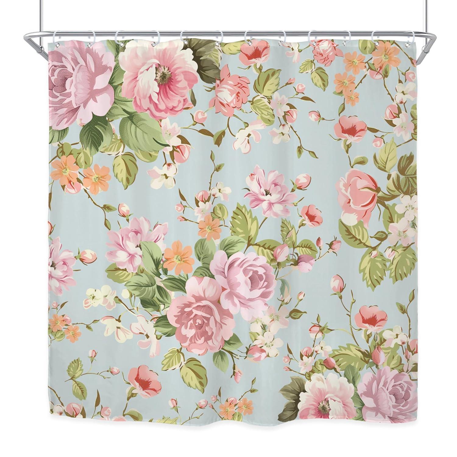 Fabric Pink Flower Shower Curtain for Bathroom 72Wx72H Inch Rose Floral Blooming Green Leaves for Girl Women Bathtub Accessories Decor Rustic Waterproof Fabric Bathroom 12 Pack Hooks WW-NDHC