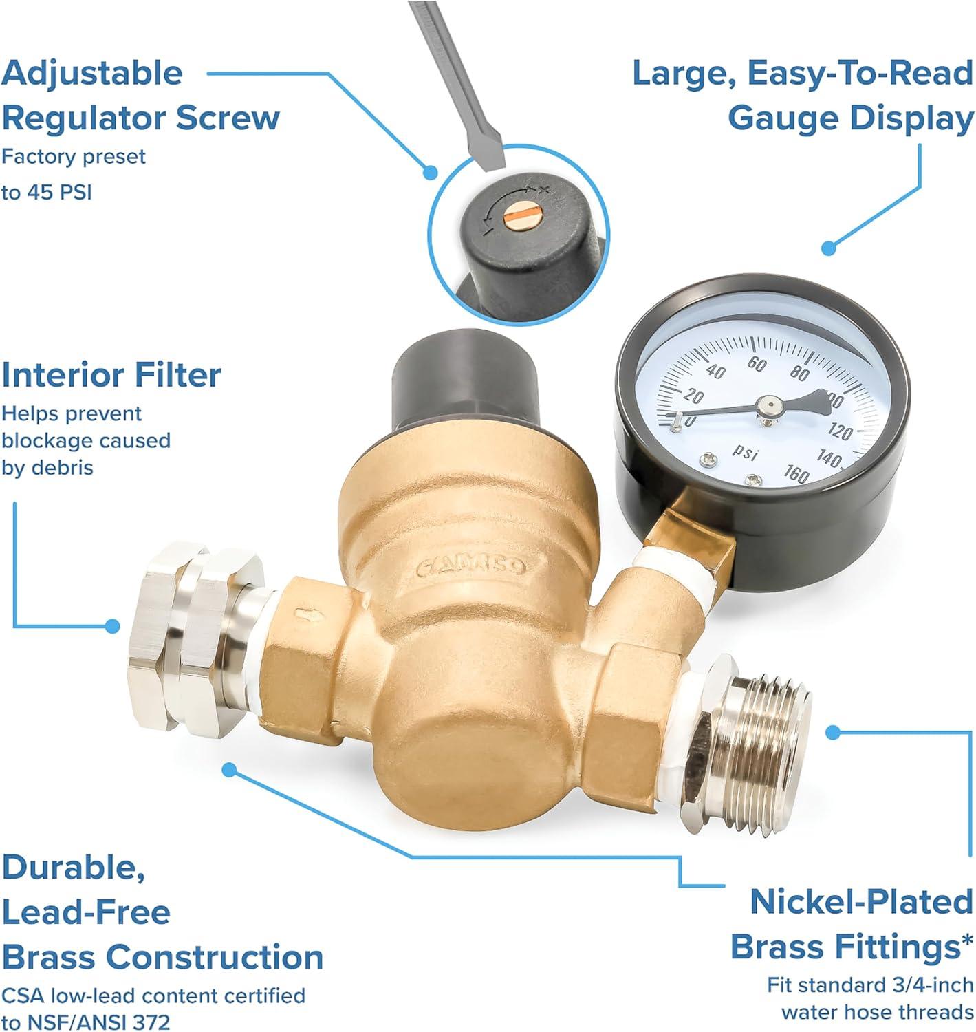 Camco RV Adjustable Brass Water Pressure Regulator - 45-PSI Factory Pre-set (40058)