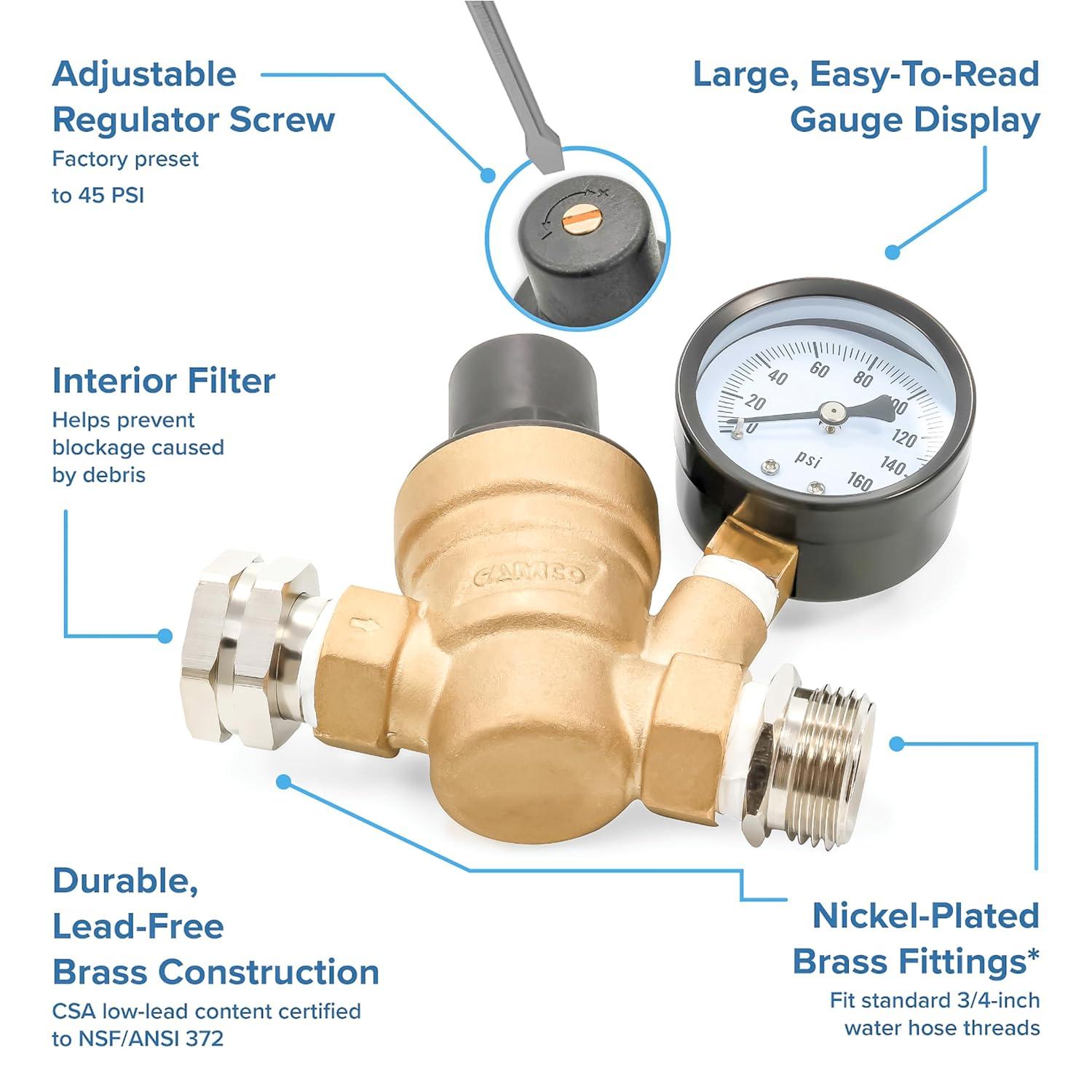 Camco RV Adjustable Brass Water Pressure Regulator - 45-PSI Factory Pre-set (40058)