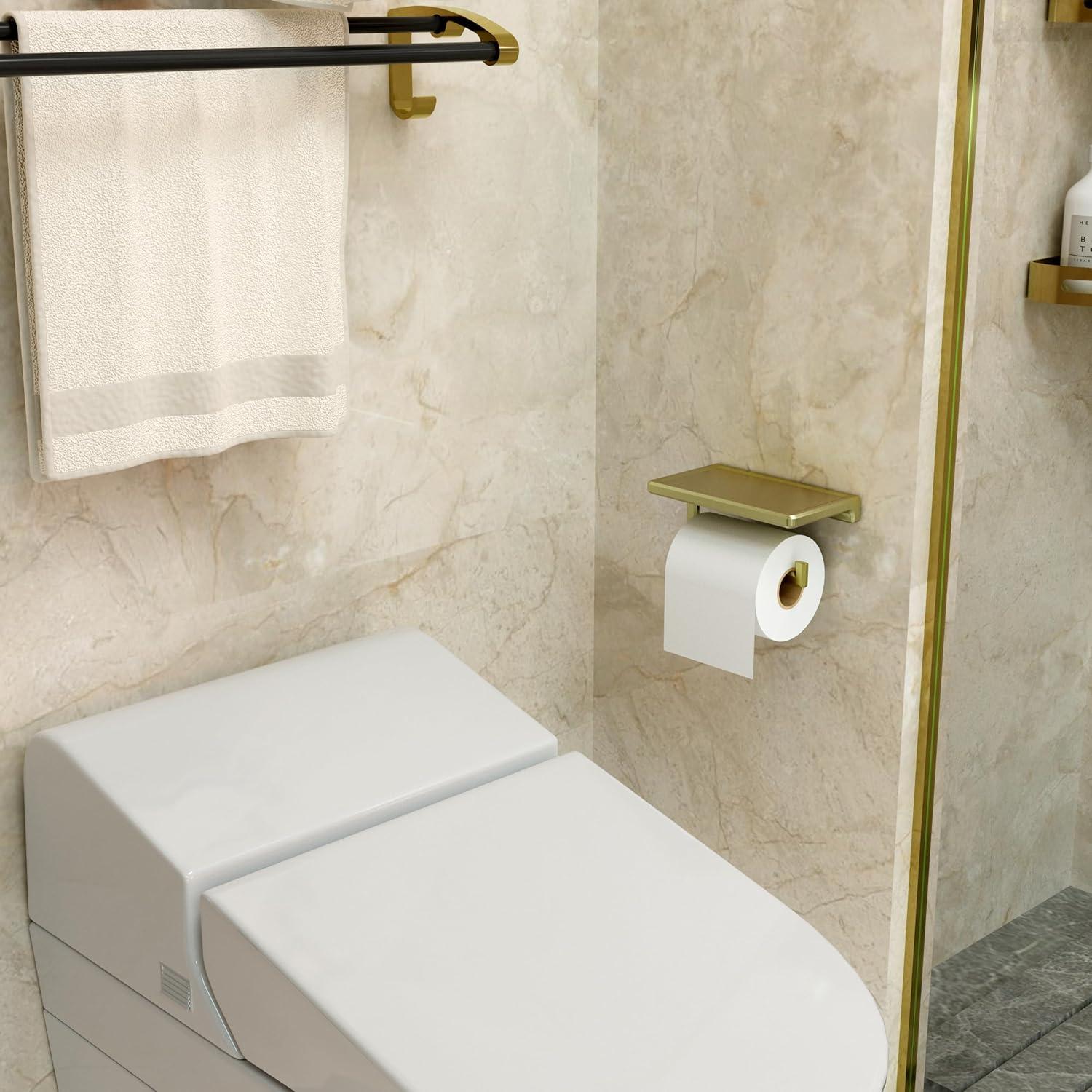 Brushed Gold Stainless Steel Toilet Paper Holder with Shelf