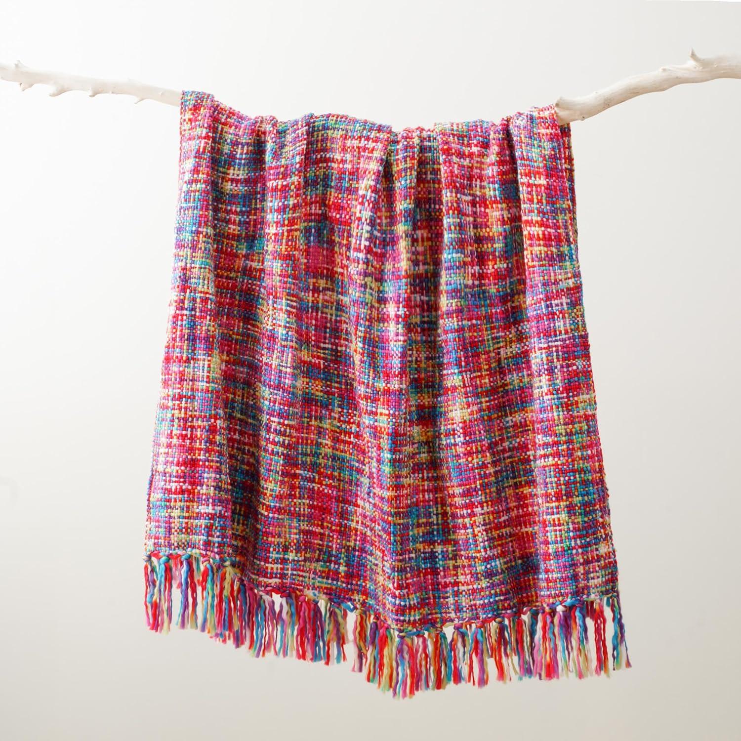 Brick Red Knitted Acrylic Throw Blanket with Fringes, 50"x60"