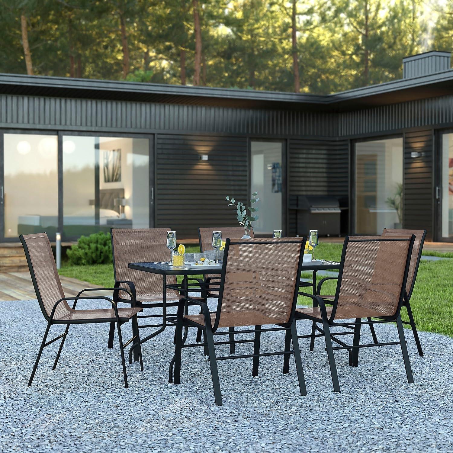Flash Furniture Brazos Series 7-Piece Outdoor Rippled Glass Patio Table Set with 6 Chairs, Brown