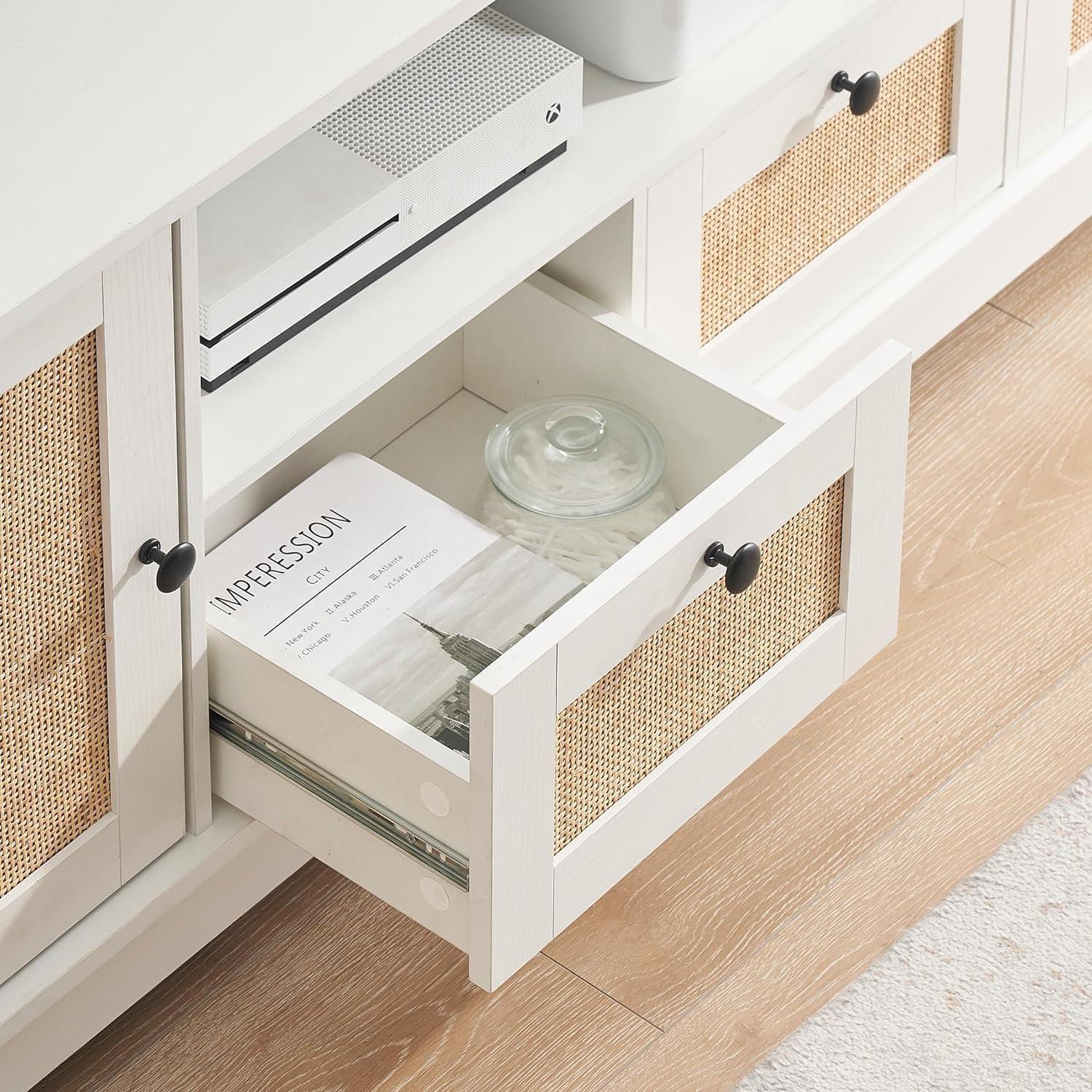 White Rattan TV Stand with Cabinets and Adjustable Shelves