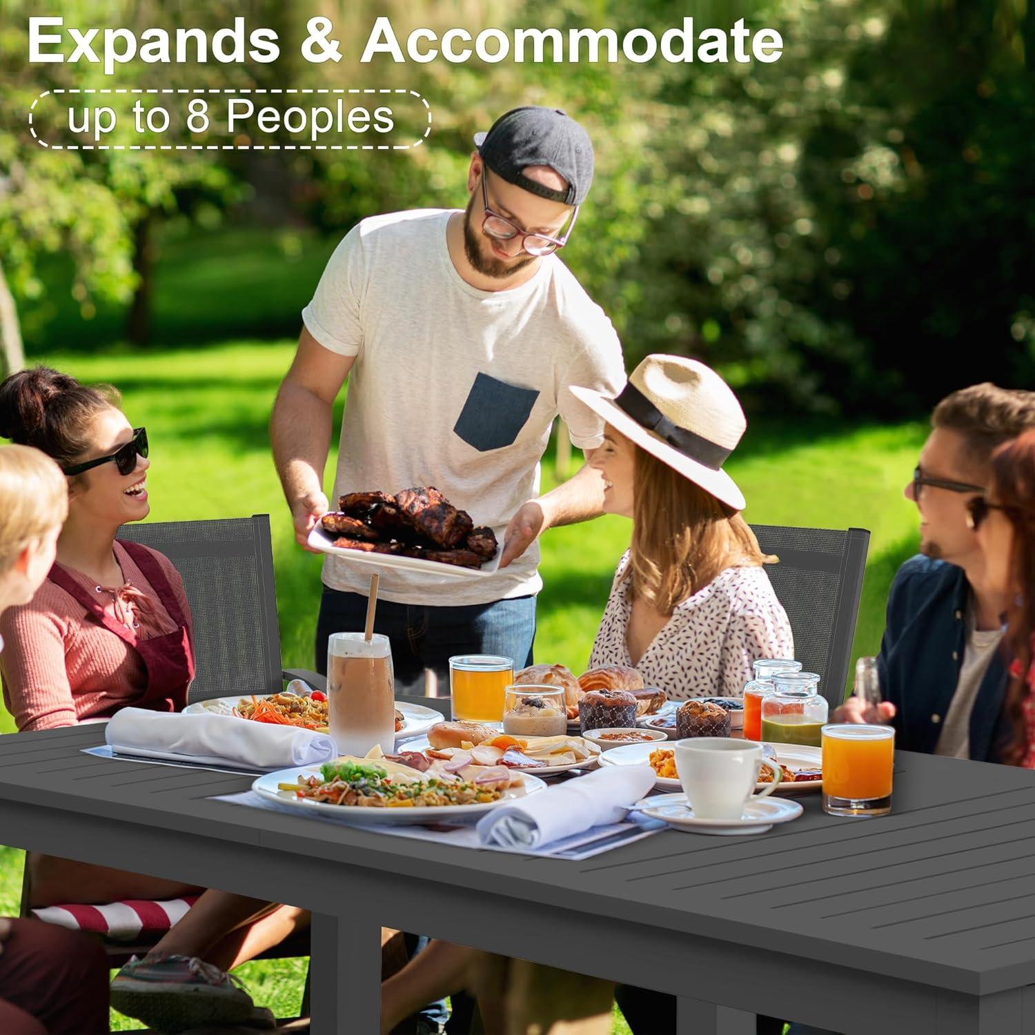 Superjoe Patio Expandable Table Dining Set for 4 to 10, Aluminum Outdoor Dining Table, Rectangular Patio Metal Table with Umbrella Hole for Backyard Porch, Deck ＆ Garden, Easy Assembly, Dark Grey