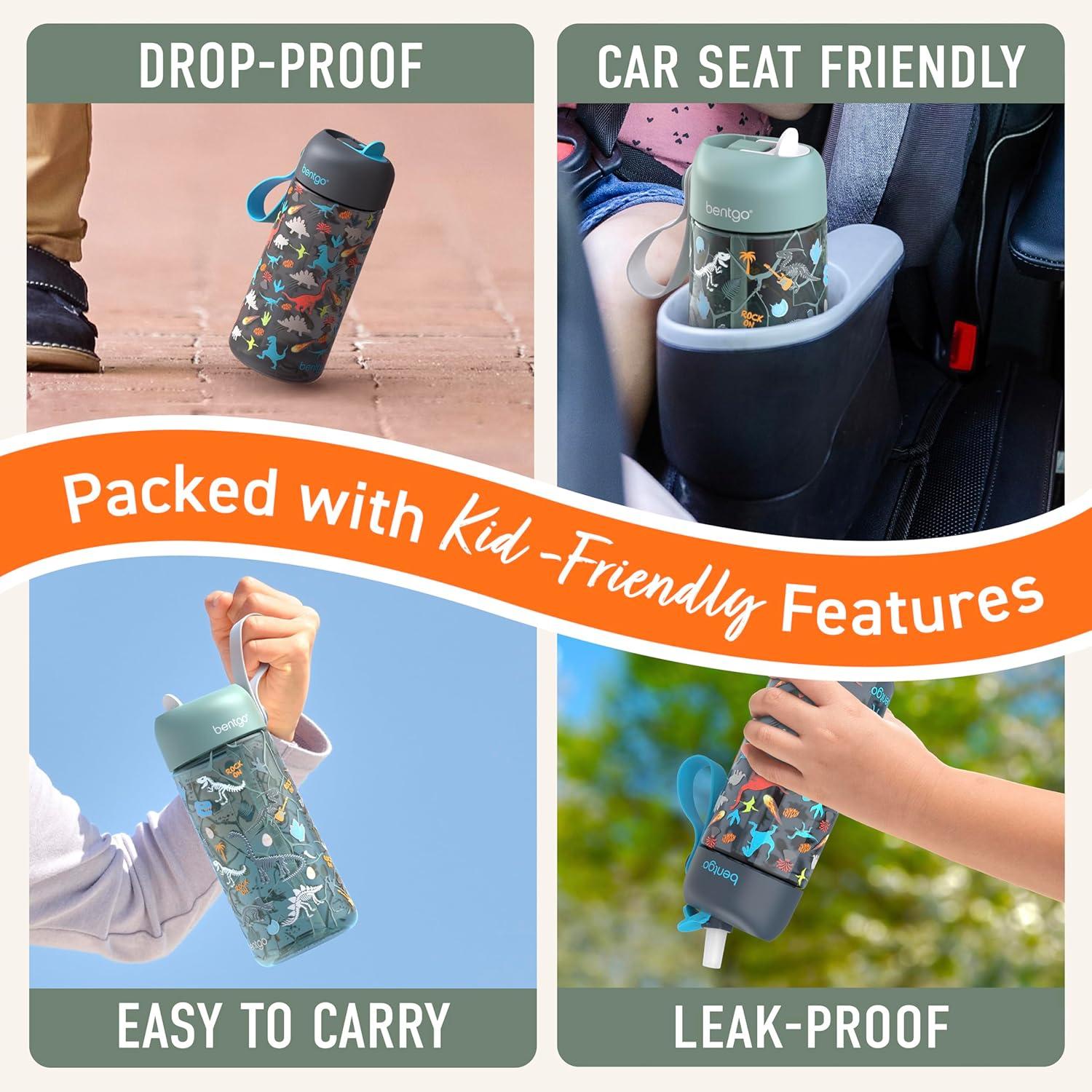 Bentgo® Kids Water Bottle 2-Pack - New, Improved 2023 Leak-Proof BPA-Free 15 oz Cups for Toddlers & Children - Flip-Up Safe-Sip Straw for School, Sports, Daycare, Camp (Dinosaur/Dino Fossils)
