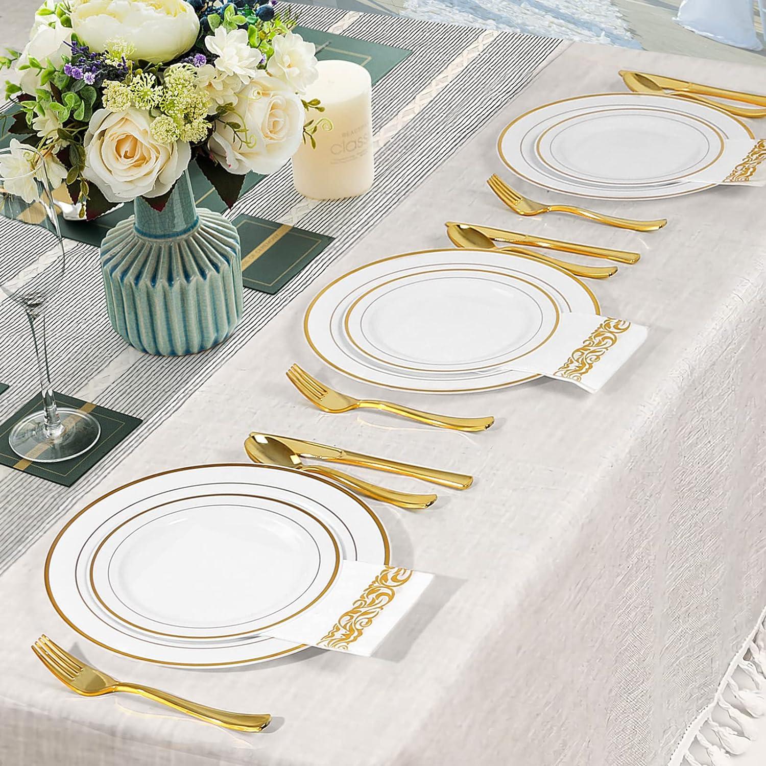 FOCUSLINE 350 Piece Gold Rim Dinnerware Set, Disposable Plastic Plates for Party or Wedding-100 Plastic Plates-50 Plastic Silverware-50 Plastic Cups-50 Linen Feel Napkins(50 Guest)