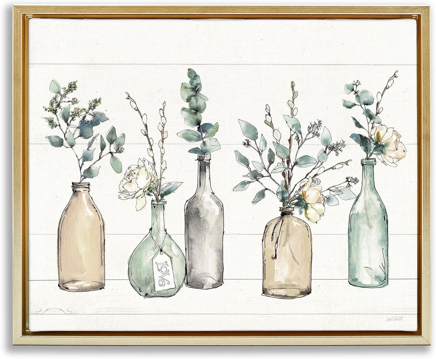 Stupell Industries Bottles And Plants Farm Wood Textured Design Metallic Gold Framed Floating Canvas Wall Art, 16x20, by Anne Tavoletti