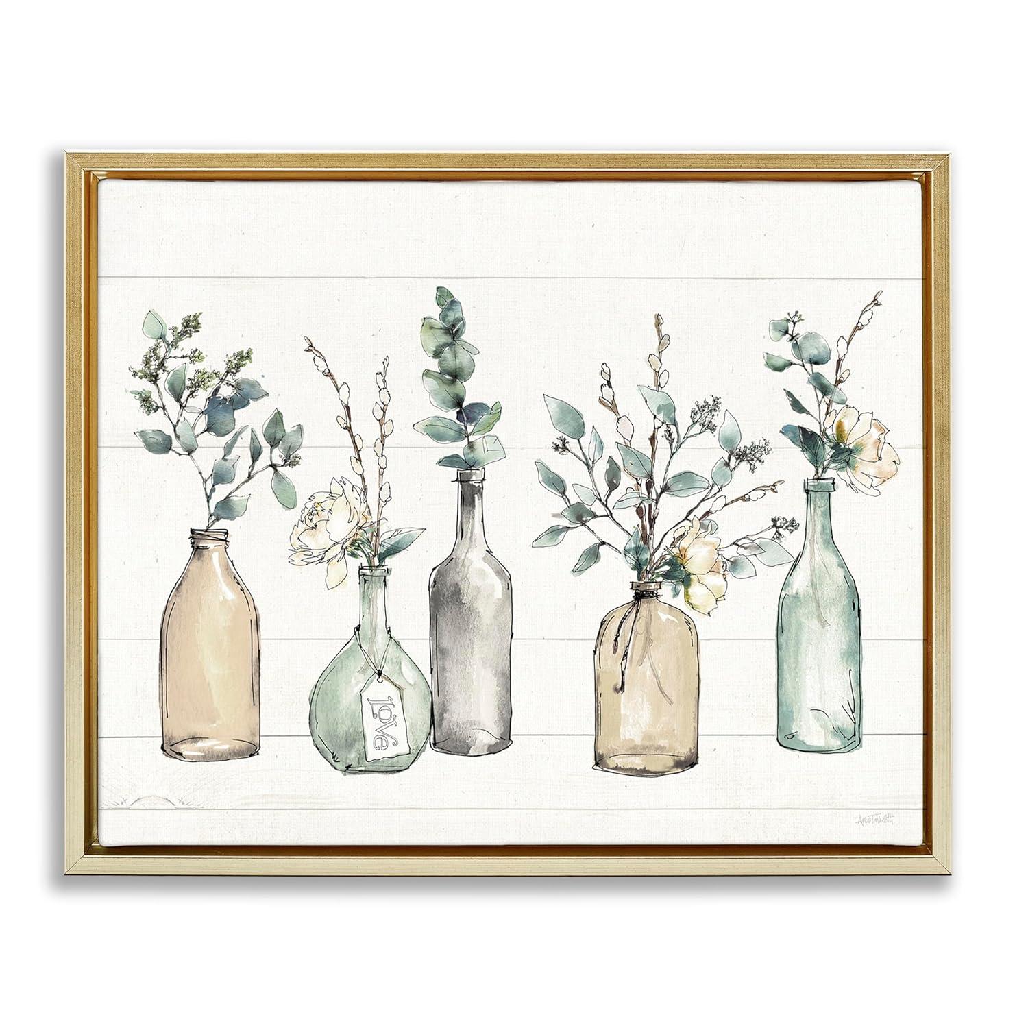 Stupell Industries Bottles And Plants Farm Wood Textured Design Metallic Gold Framed Floating Canvas Wall Art, 16x20, by Anne Tavoletti