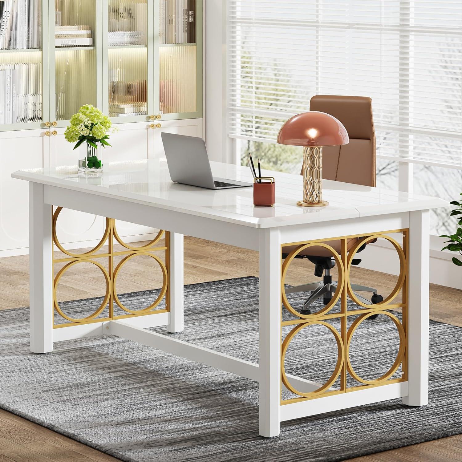 Glossy White and Gold Executive Office Desk with Geometric Design