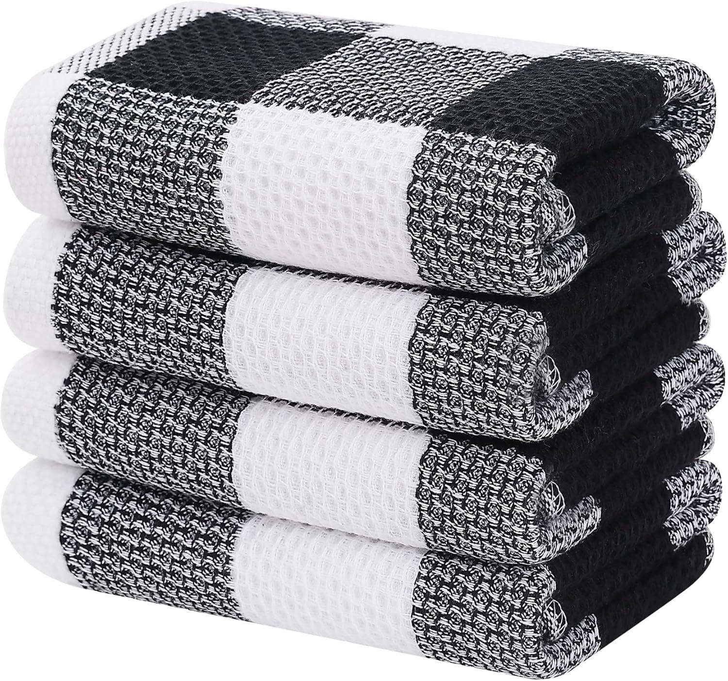 White and Black Cotton Waffle Weave Kitchen Towels Set