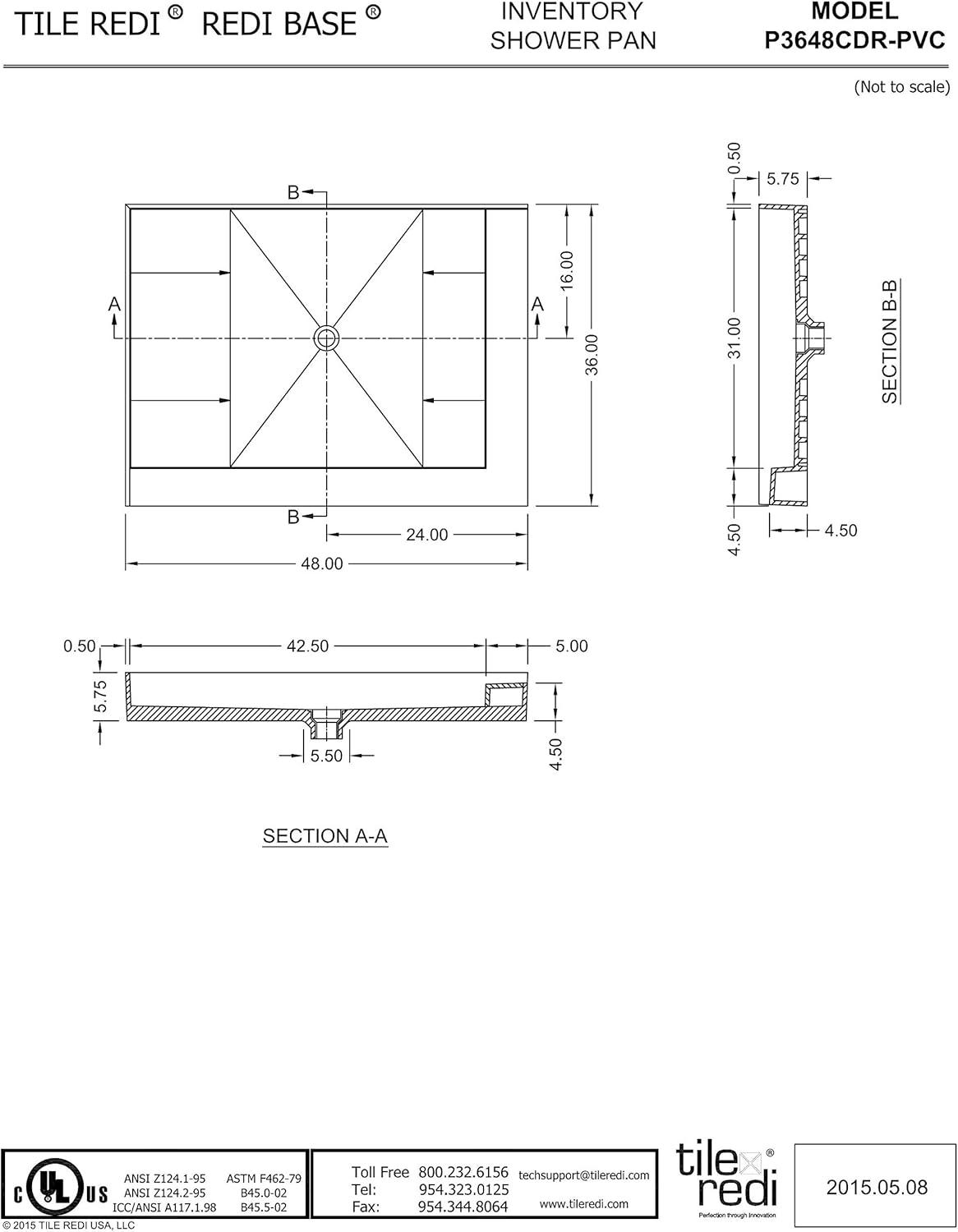 Beige PVC Double Curb Shower Pan with Center Drain, 48" x 36"