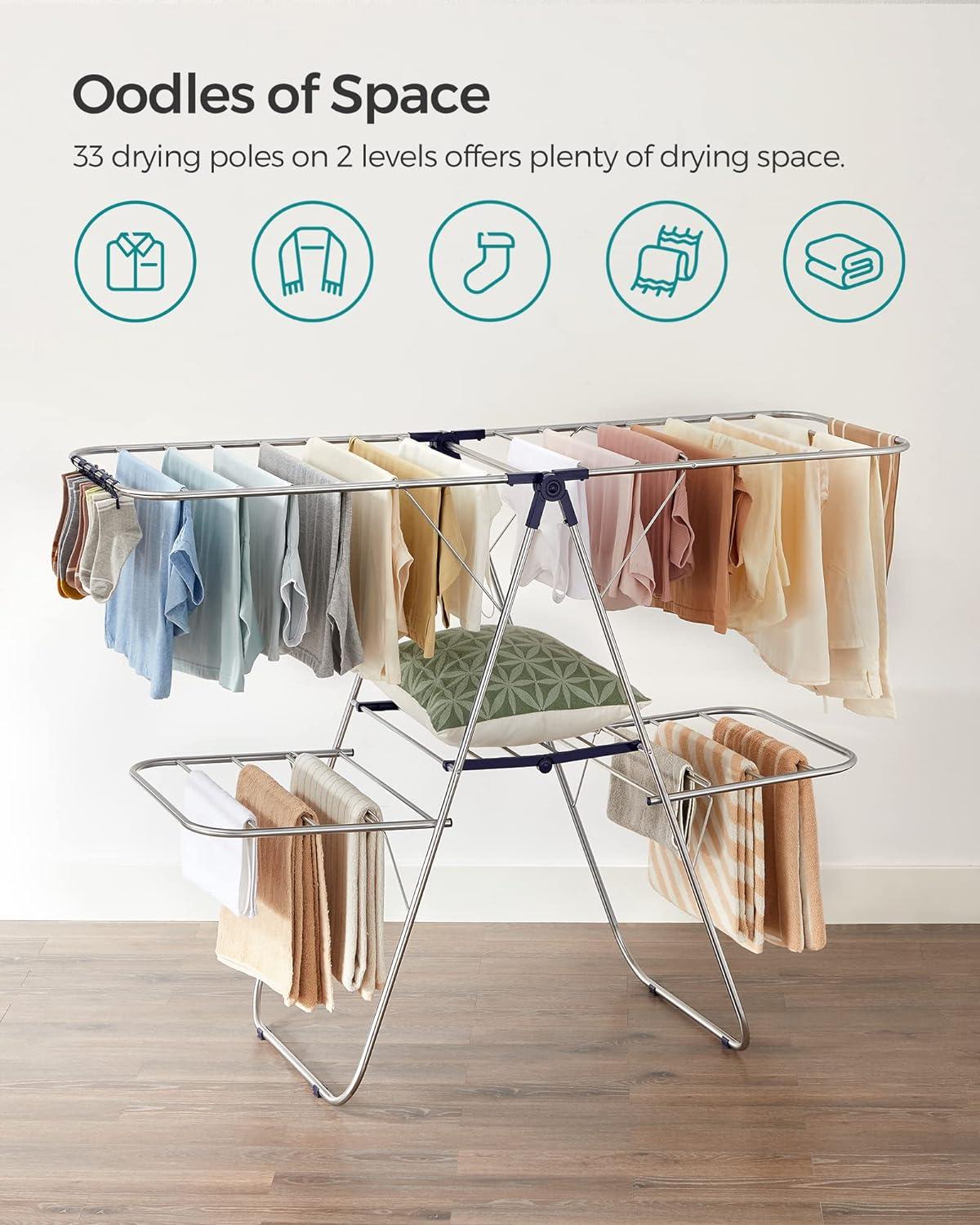 Foldable Silver and Blue 2-Level Clothes Drying Rack with Adjustable Wings