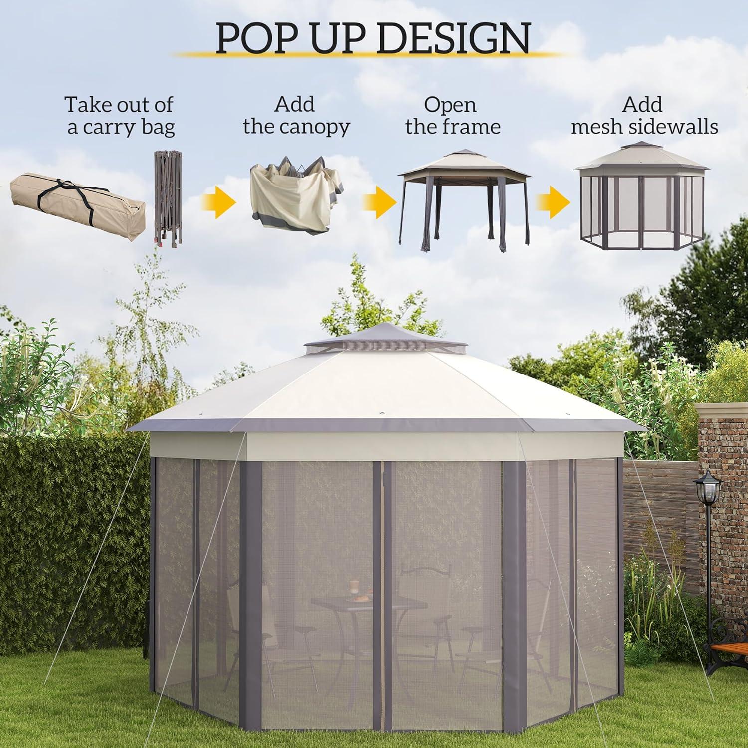 Outsunny 13' x 13' Pop Up Gazebo Hexagonal Canopy with 6 Zippered Mesh Netting, 2-Tier Roof Event Tent with Steel Frame for Patio Backyard, Coffee