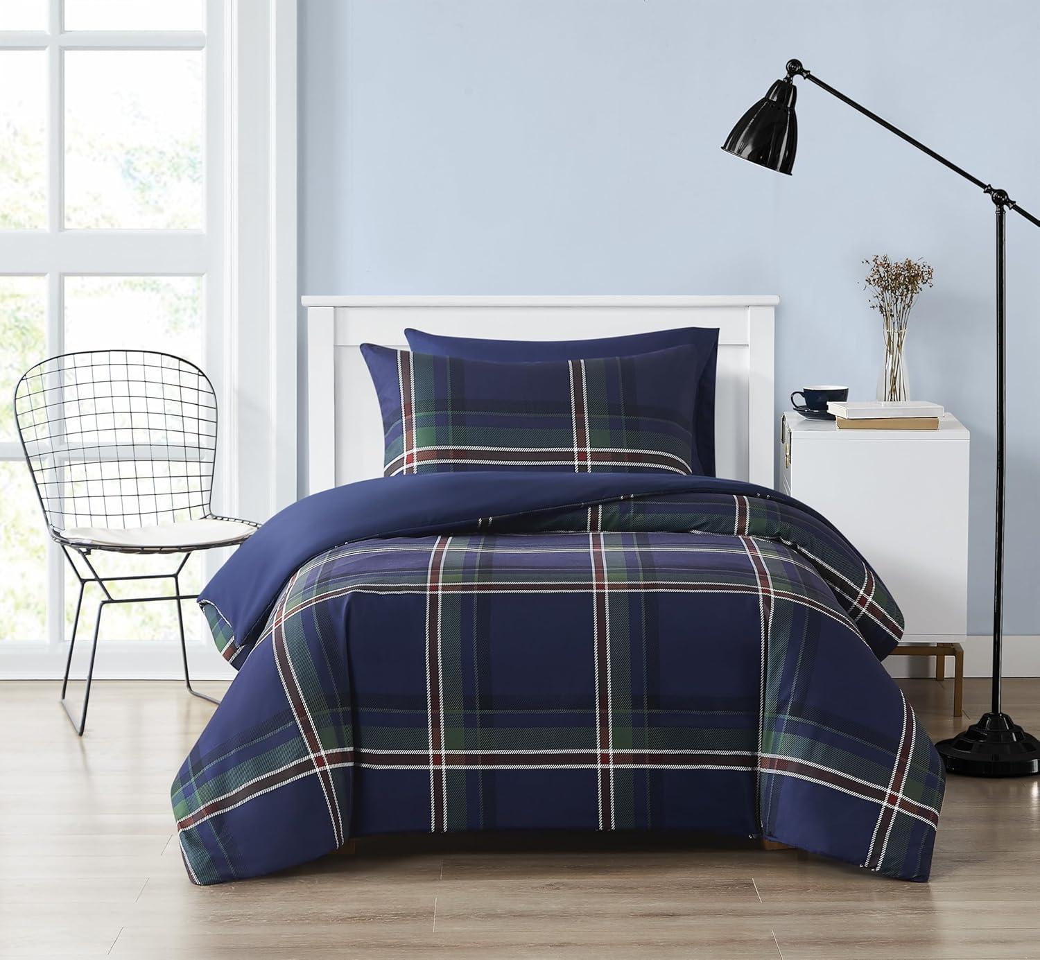 Navy Plaid Cotton Twin/Twin XL Sham Set