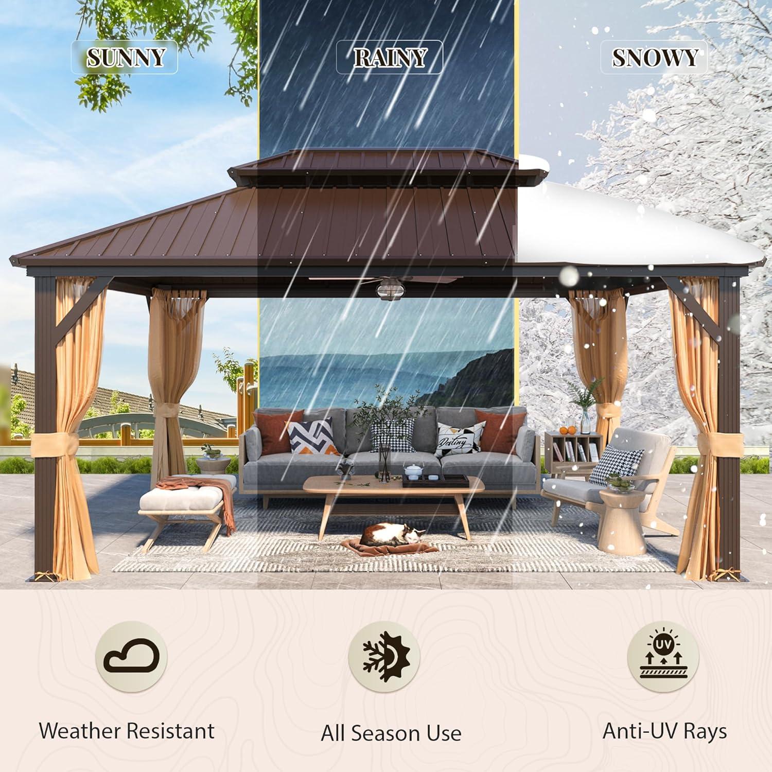 Erommy Outdoor Galvanized Steel Roof Gazebo Pergola w Wooden Coated Alumninum Frame, Privacy Curtains and Nettings Include Ultra Thick 12' x 16'