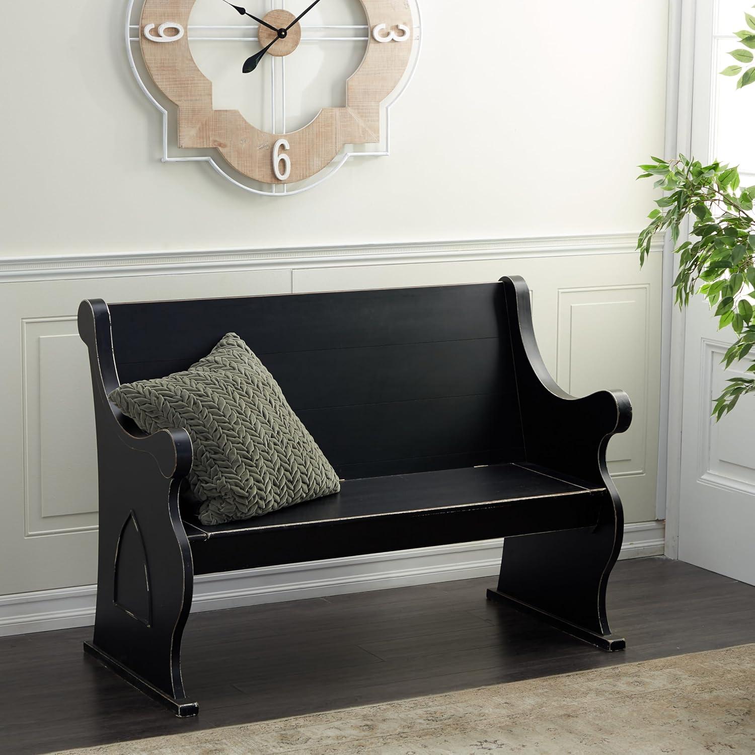 Black Wood Storage Bench with Scrolled Armrests