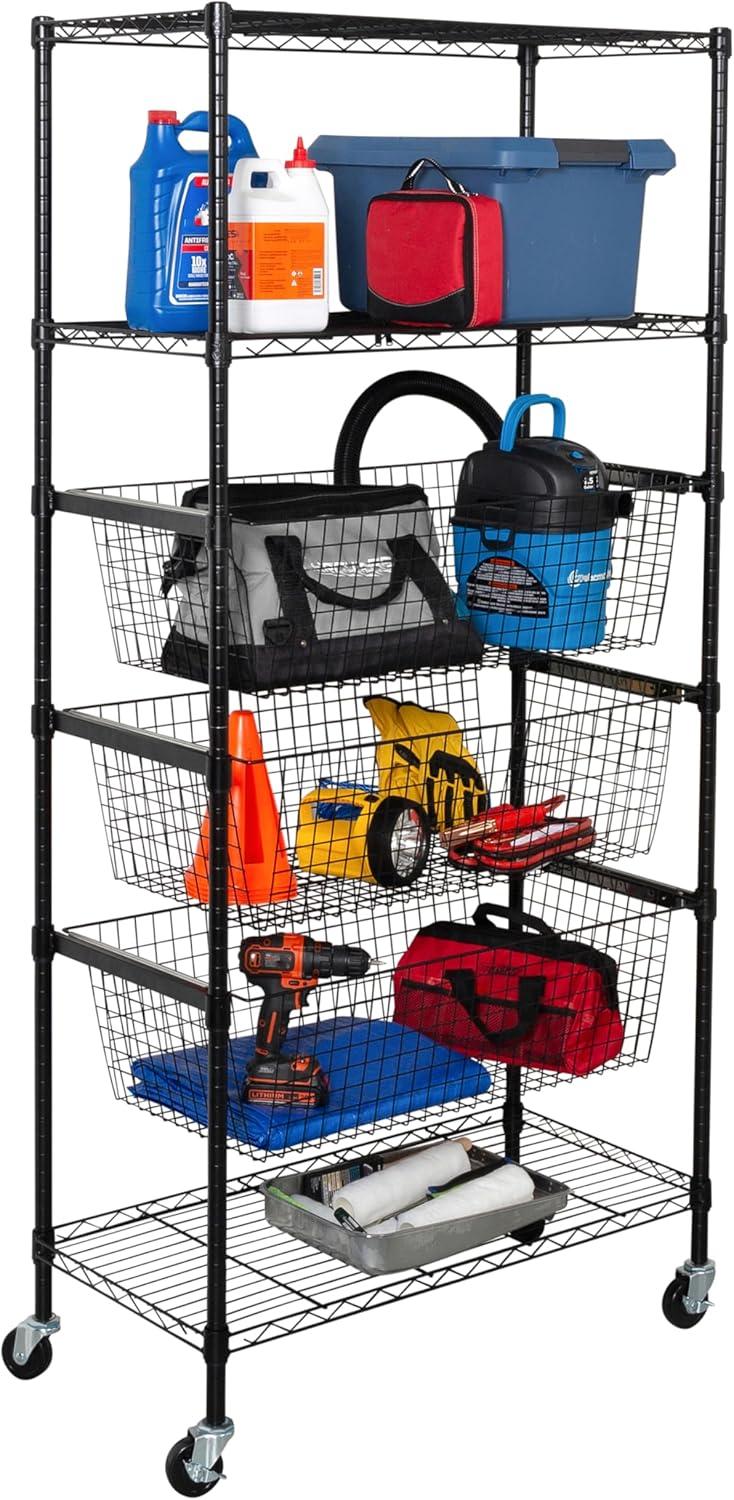 Honey-Can-Do 3-Shelf Steel Heavy-Duty Storage Shelves with 3 Pull-Out Baskets, Black, Holds up to 200 lb per Shelf