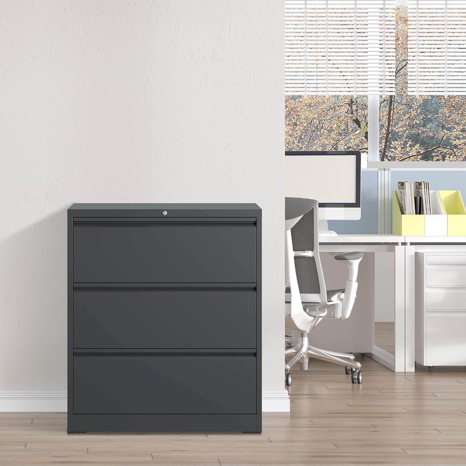 Black Lateral File Cabinet with Lock, 3 Drawer Lateral Filing Cabinet for Legal/Letter A4 Size, Metal Steel Locking Wide File Cabinet for Home Office